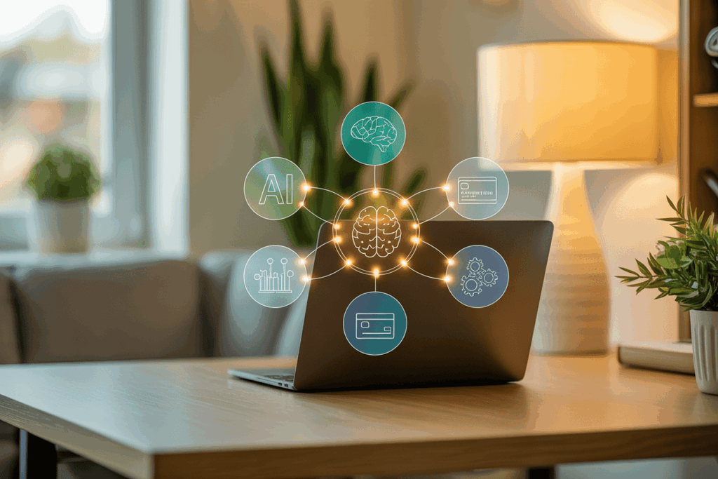 Laptop with AI and technology icons representing innovation and digital services in education