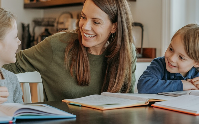 A mother smiles while homeschooling two children at the kitchen table, surrounded by open books.